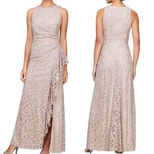 Alex Evenings Lace Draped Long Evening Dress Size 4 Buff Light Pink 81122434